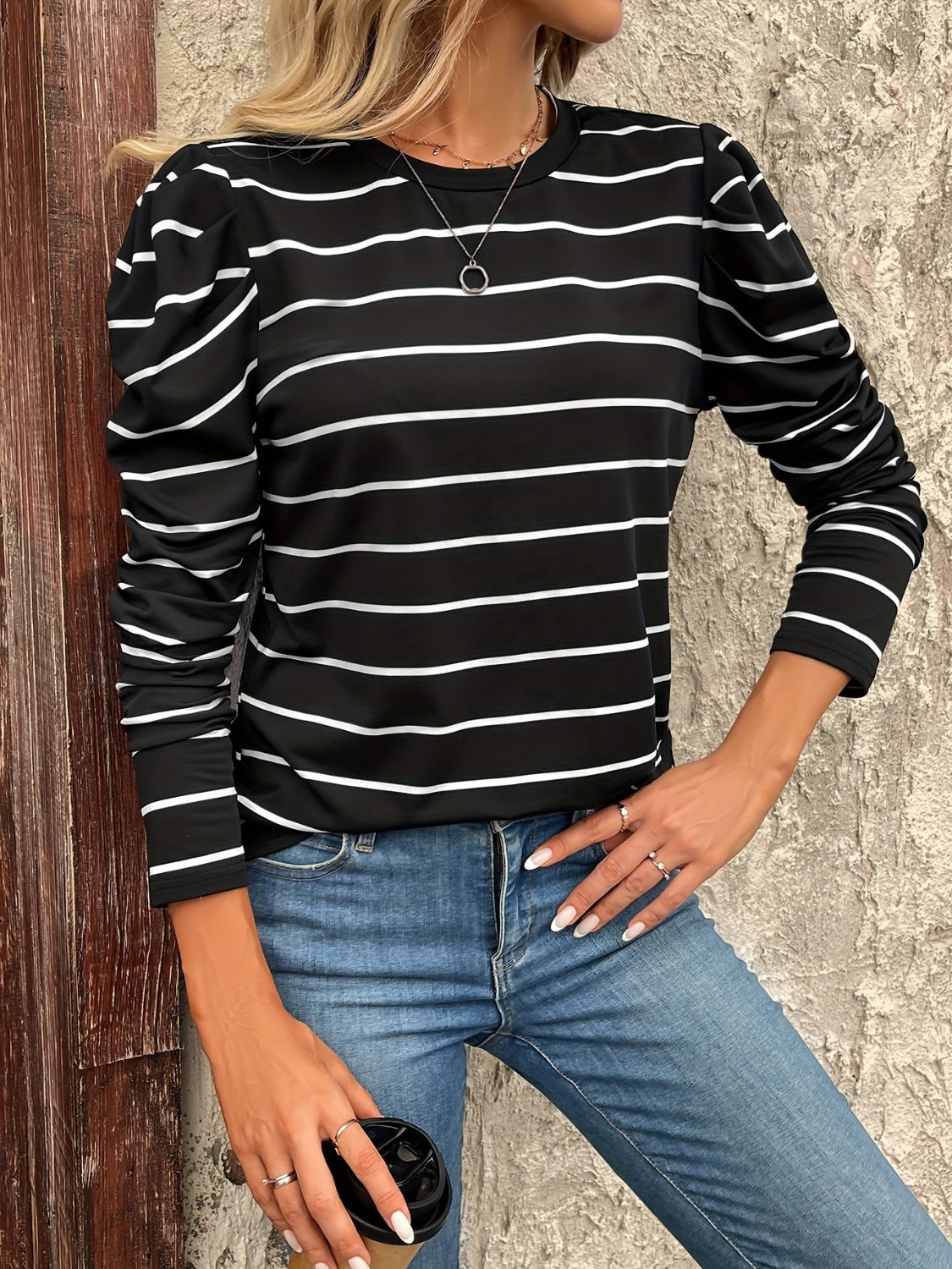 Full Size Striped Round Neck Puff Sleeve T-Shirt 