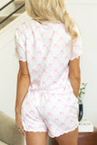 Bow Print Lettuce Trim Round Neck Top and Shorts Lounge Set Lingerie & Nightwear
