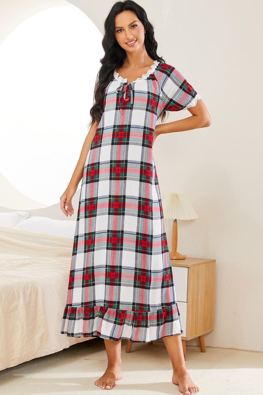 Plaid Lace Trim Ruffle Hem Night Dress 