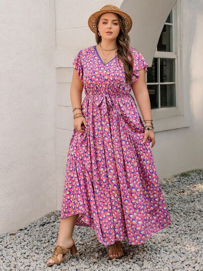 Plus Size Printed V-Neck Flutter Sleeve Tie Waist Maxi Dress Dresses