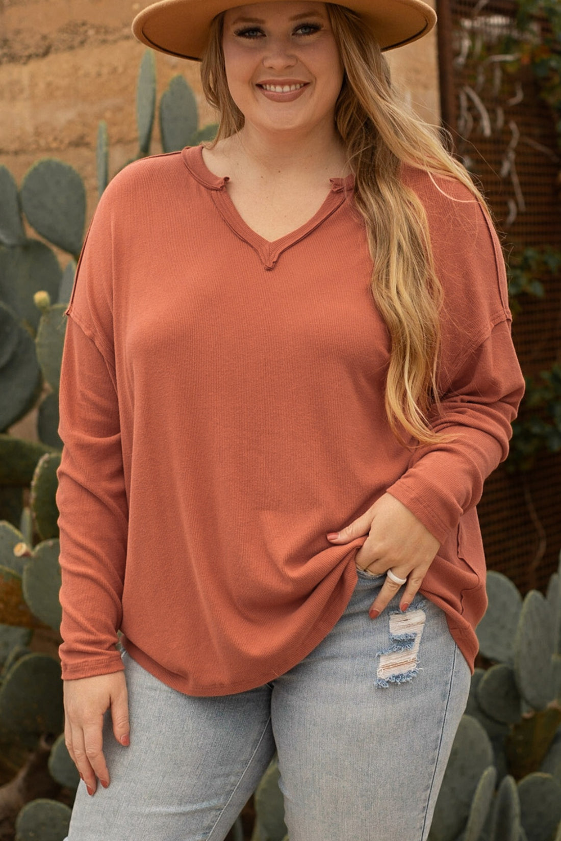 Plus Size Notched Long Sleeve T-Shirt 