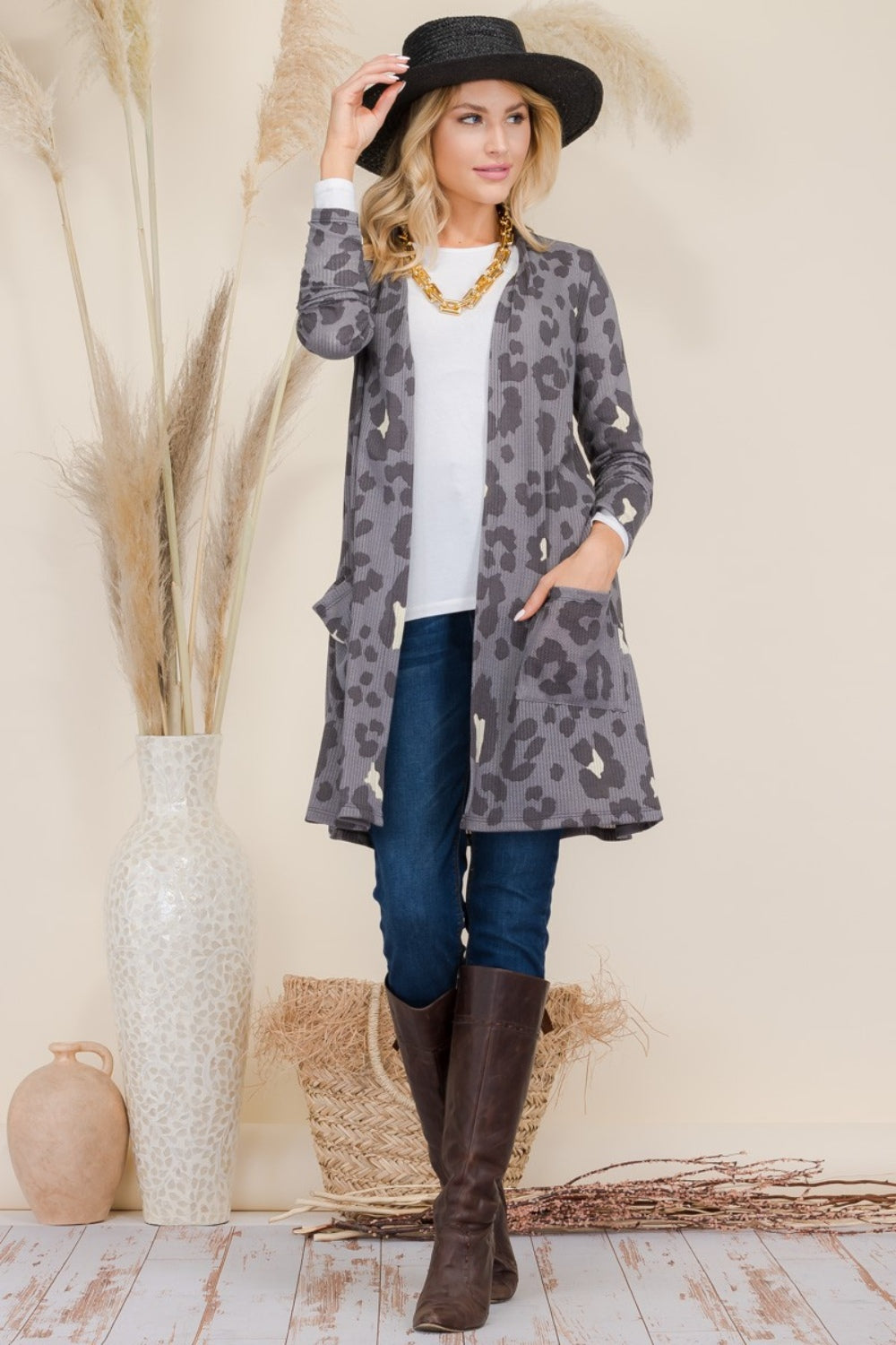 Celeste Full Size Leopard Open Front Contrast Cardigan 