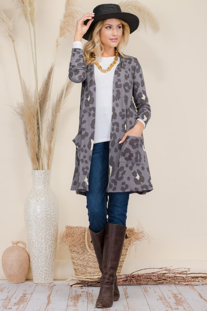 Celeste Full Size Leopard Open Front Contrast Cardigan 