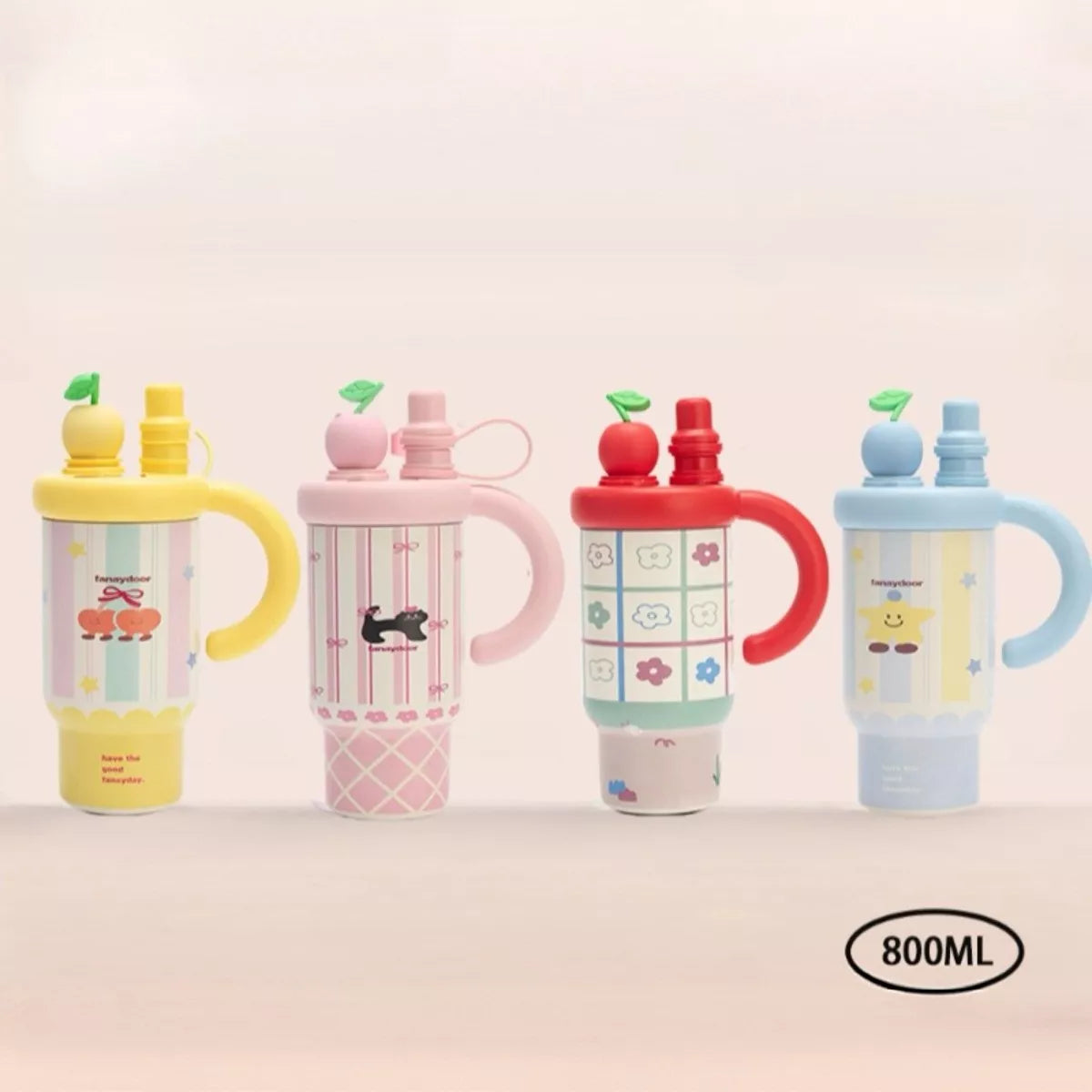 Colorful Cartoon Water Bottles with Straw and Handle 