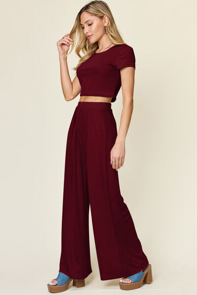 Double Take Full Size Round Neck Top and Pants Set 