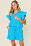 Double Take Full Size Texture Flounce Sleeve Top and Drawstring Shorts Set 