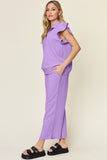 Double Take Texture Ruffle Short Sleeve Top and Drawstring Wide Leg Pants Set 