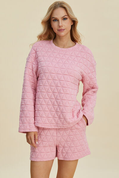 Double Take Full Size Texture Round Neck Long Sleeve Top and Shorts Set 