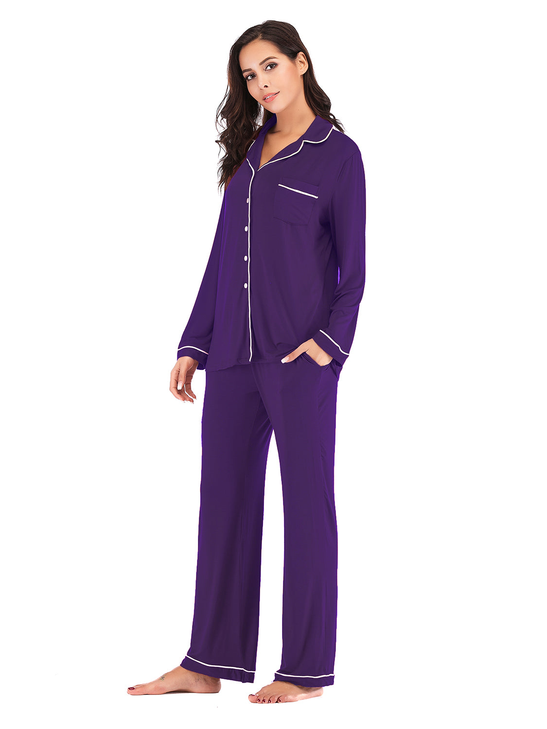 Collared Neck Long Sleeve Loungewear Set with Pockets Lingerie & Nightwear