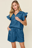Double Take Full Size Texture Flounce Sleeve Top and Drawstring Shorts Set 