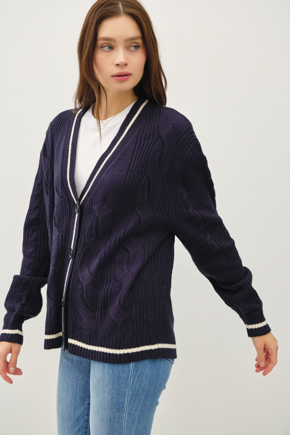 Be Cool Contrast Trim Cable-Knit V-Neck Cardigan 