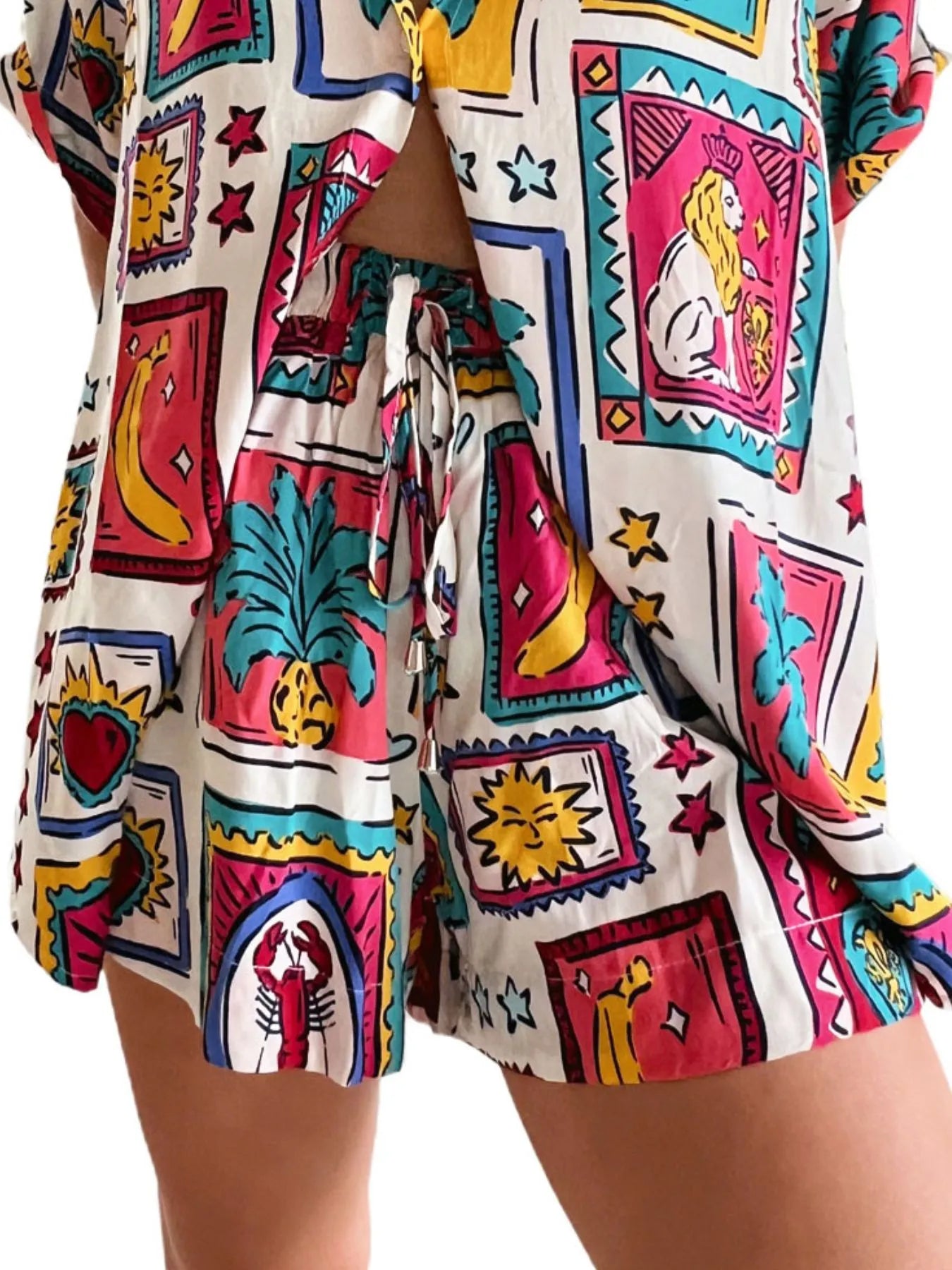 Printed Button Up Shirt and Shorts Set Two Piece Dresses