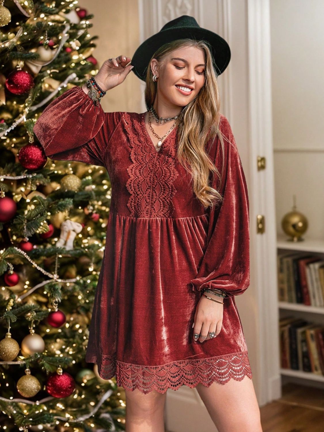 Plus Size Lace Detail V-Neck Long Sleeve Mini Dress 