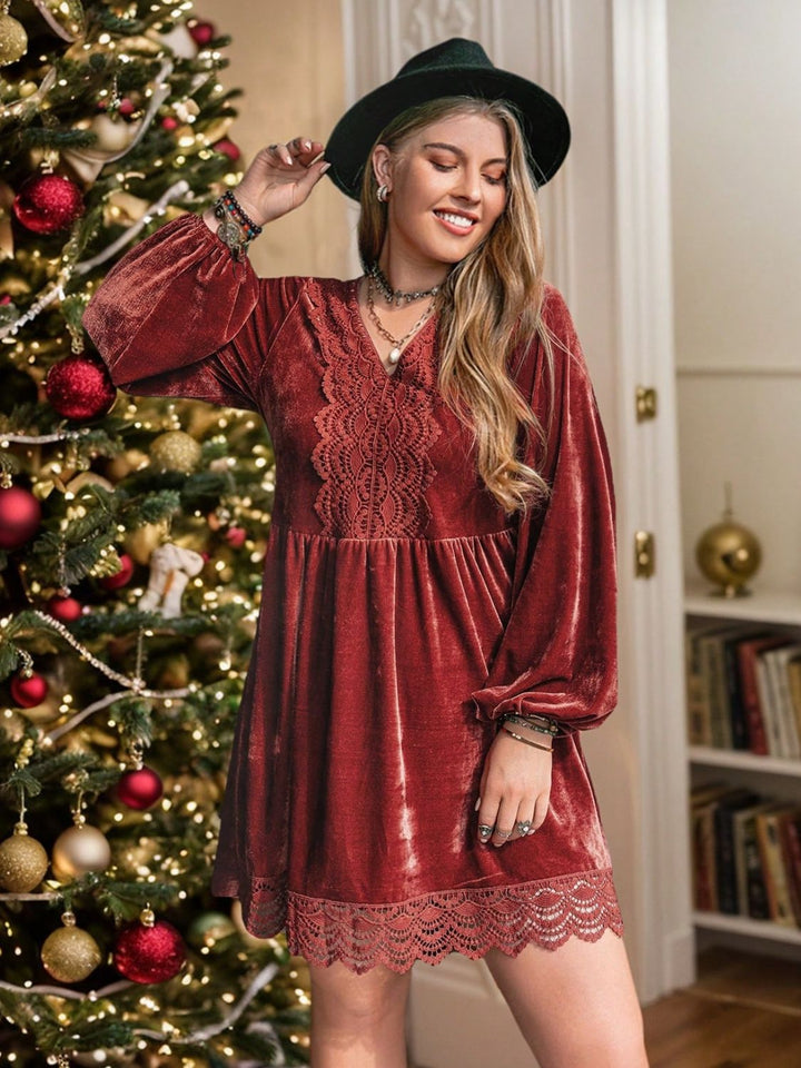 Plus Size Lace Detail V-Neck Long Sleeve Mini Dress 