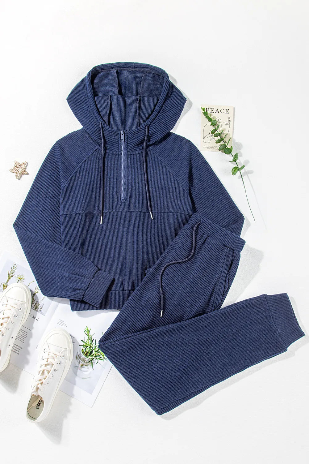 Drawstring Half Zip Hoodie and Joggers Active Set 