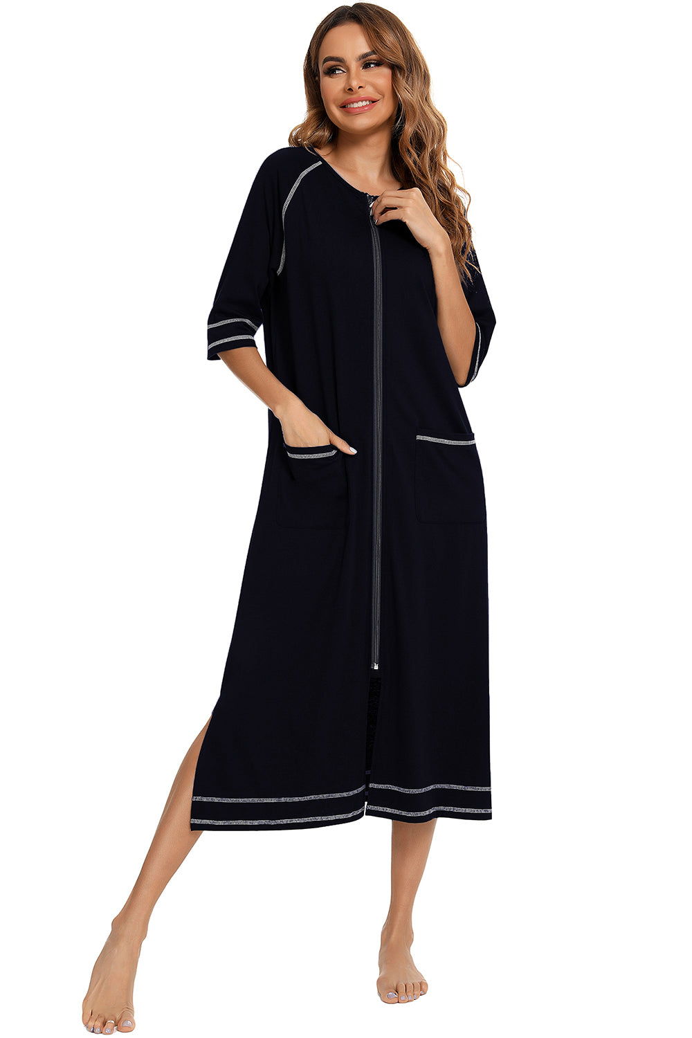 Zip Up Slit Round Neck Night Dress with Pockets 