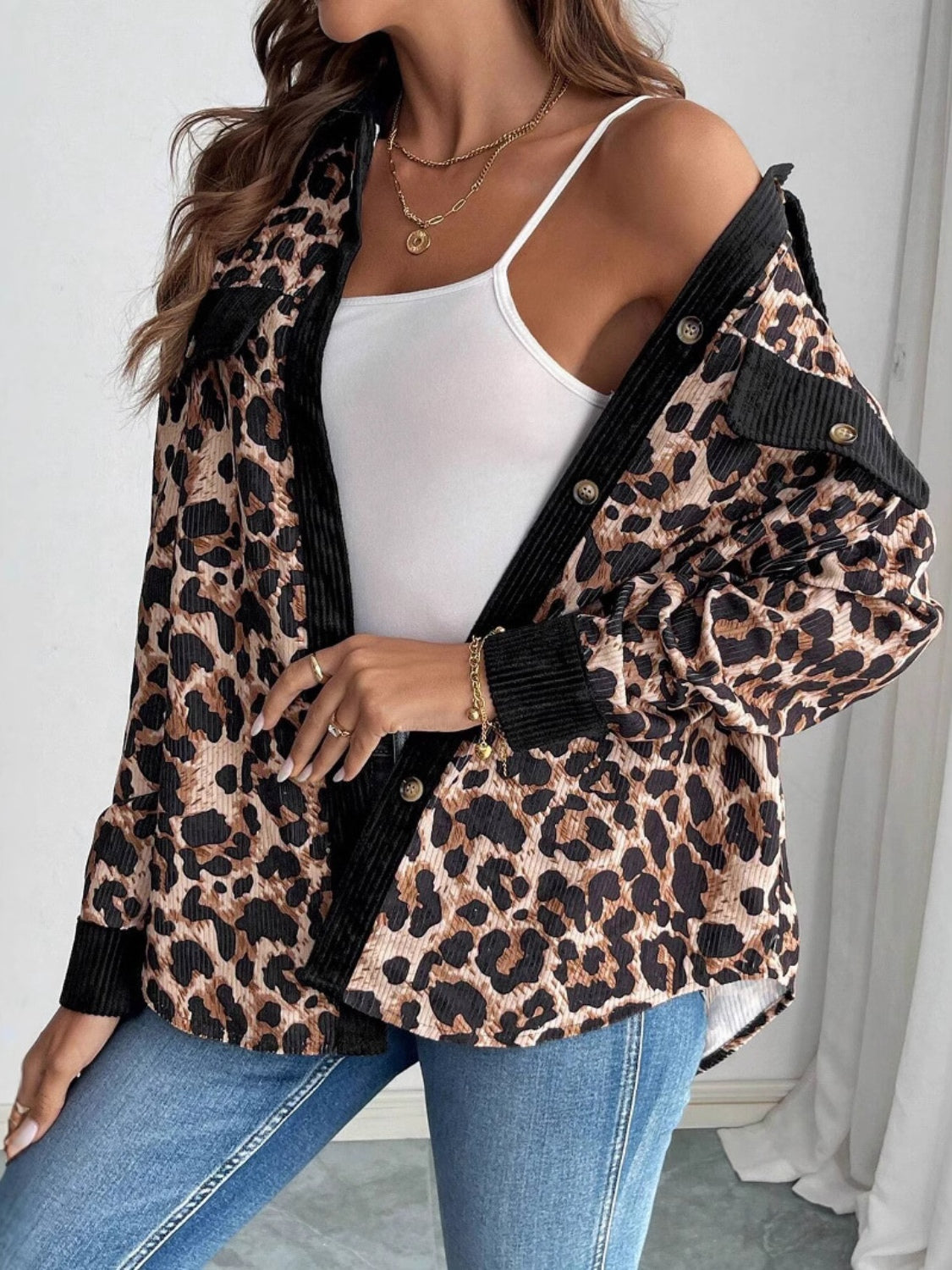 Leopard Collared Neck Button Up Shacket 