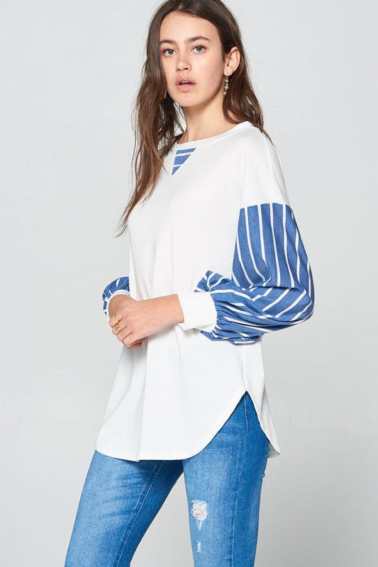Super Lady Full Size French Terry Striped Long Sleeve Top 