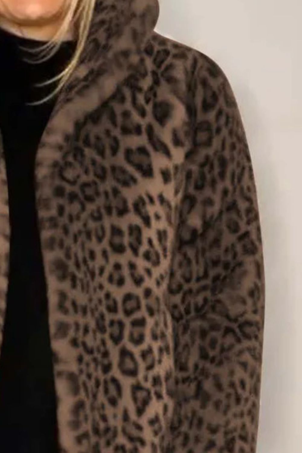 Full Size Leopard Furry Collared Neck Long Sleeve Coat 