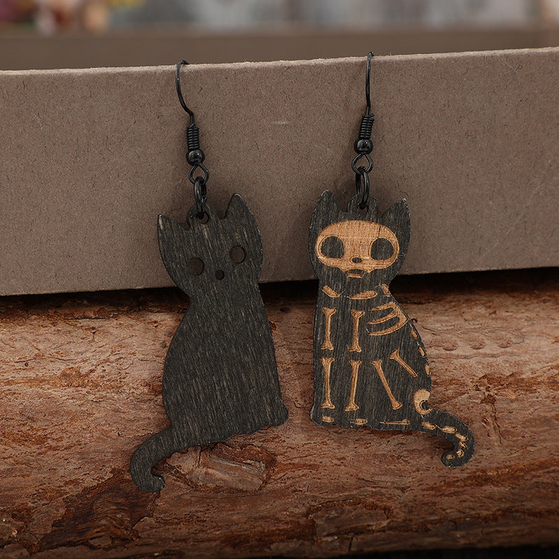 Alloy Hook Wooden Cat Earrings 