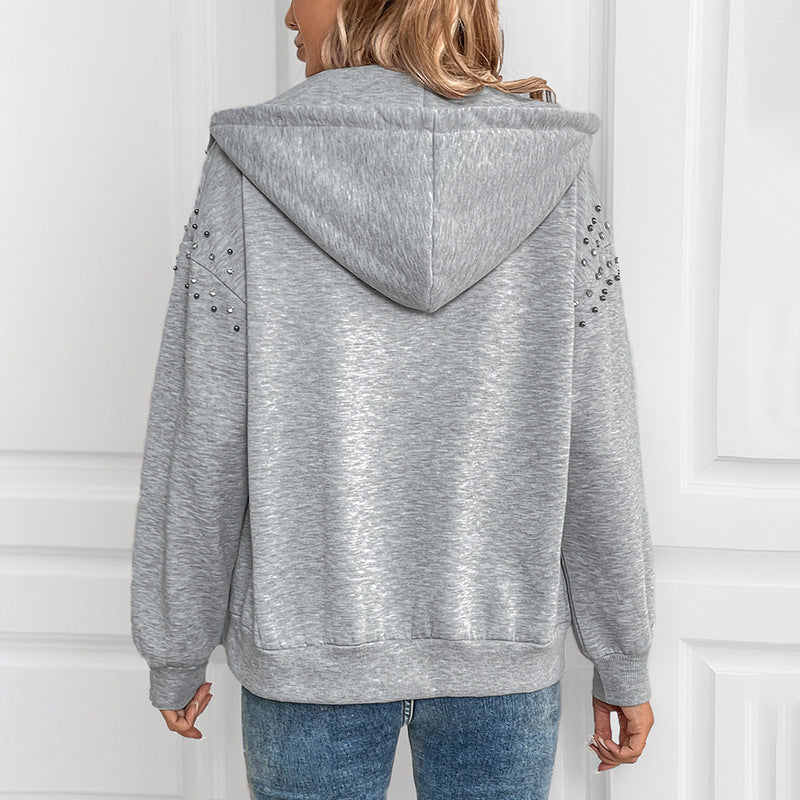 Perfee Rhinestone Zip Up Long Sleeve Hoodie 