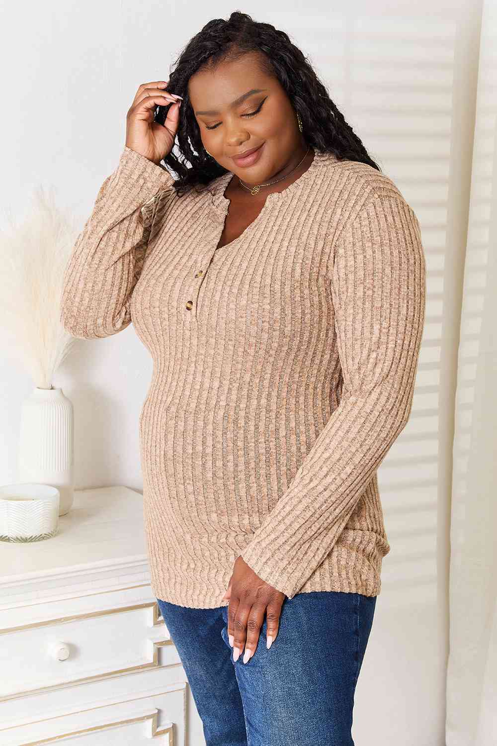 Double Take Notched Neck Ribbed Long Sleeve T-Shirt 
