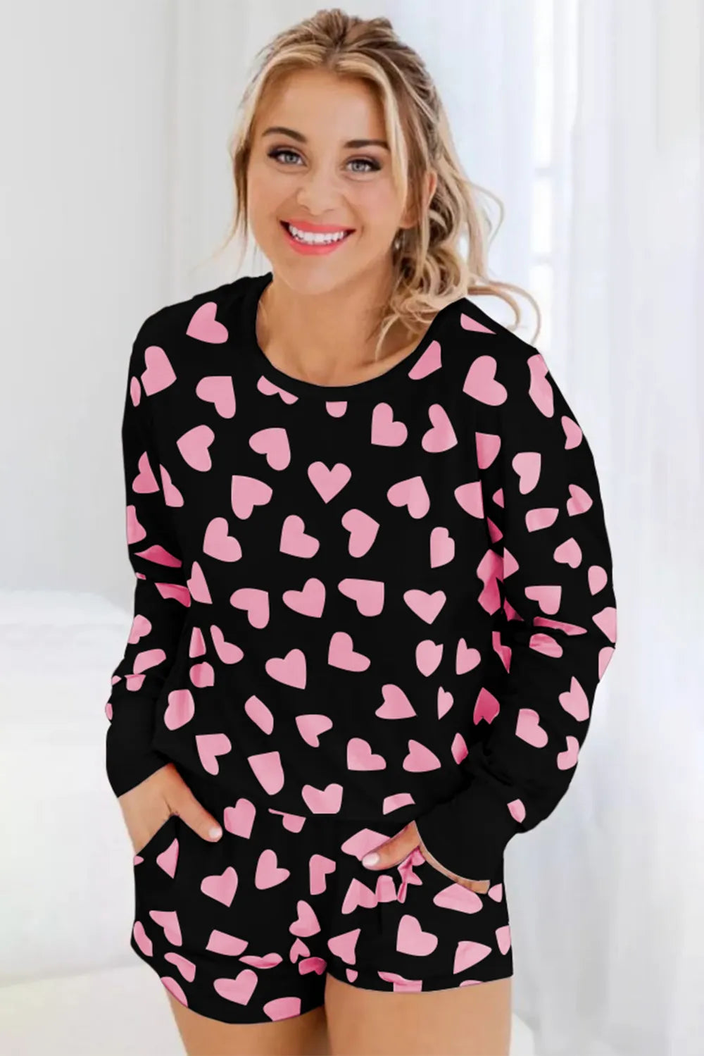 Heart Print Long Sleeve Top and Shorts Lounge Set Lingerie & Nightwear
