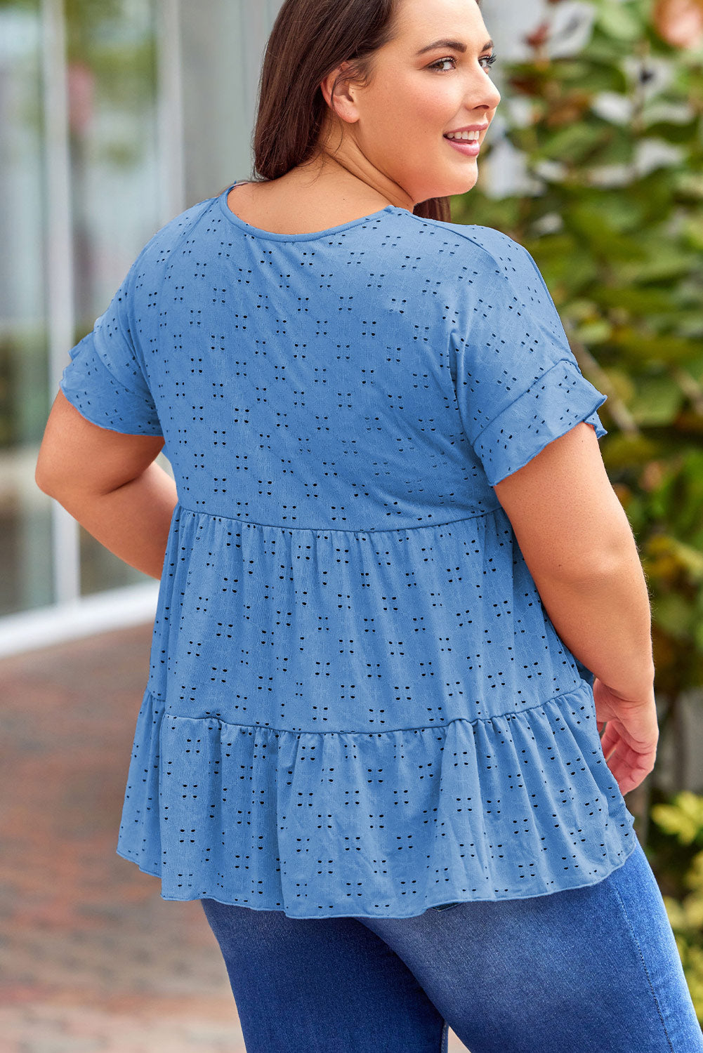 Plus Size Eyelet Round Neck Short Sleeve Blouse 