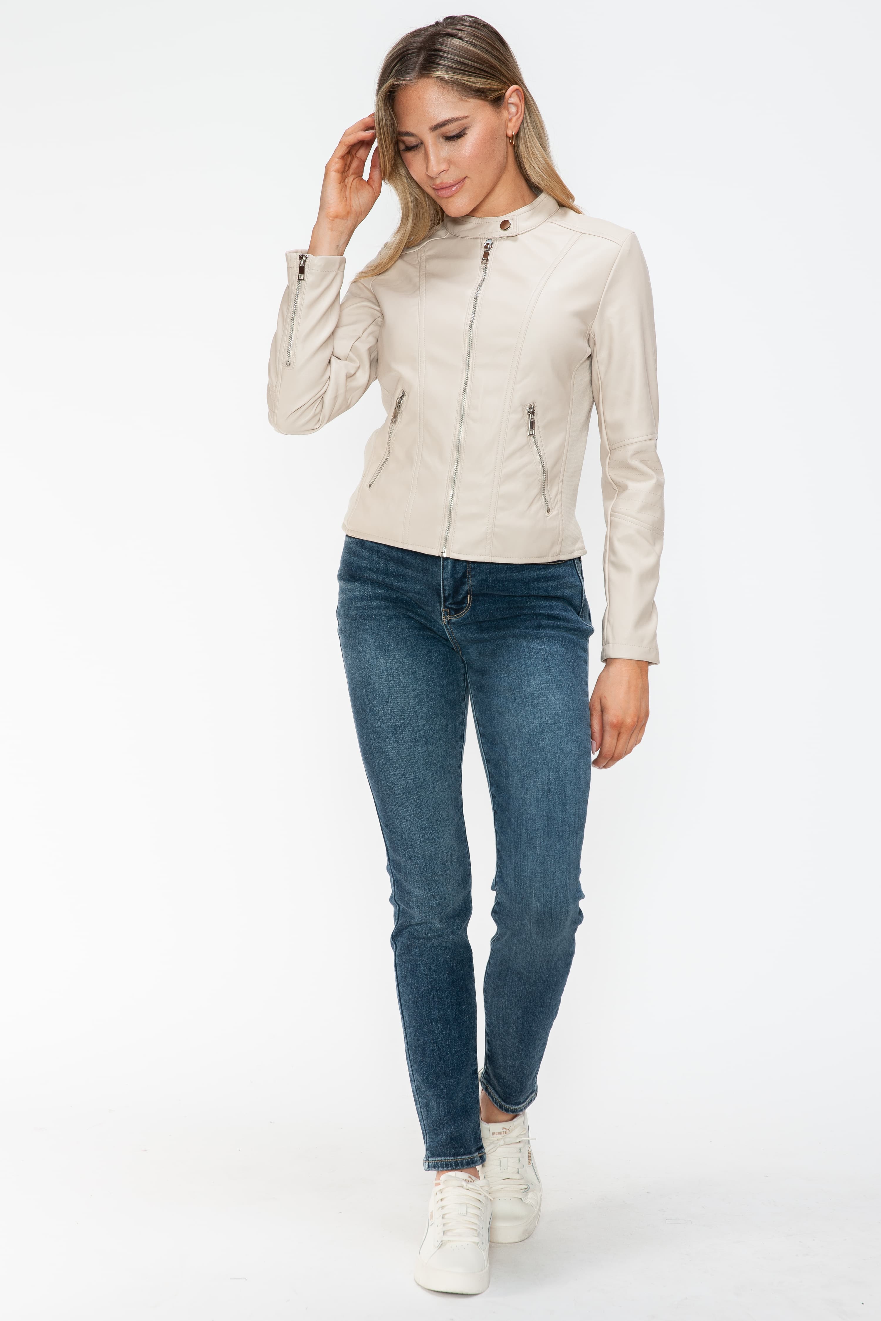 Snobbish PU Leather Zip Up Jacket with Pockets 