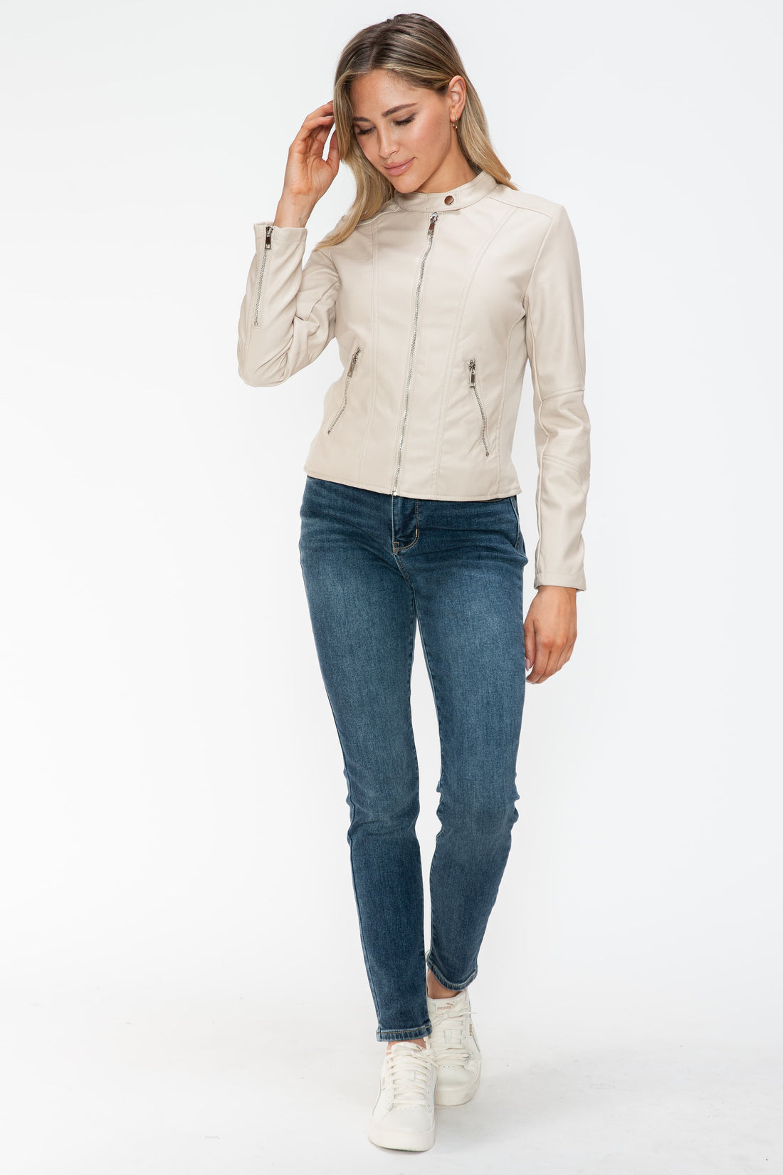 Snobbish PU Leather Zip Up Jacket with Pockets 