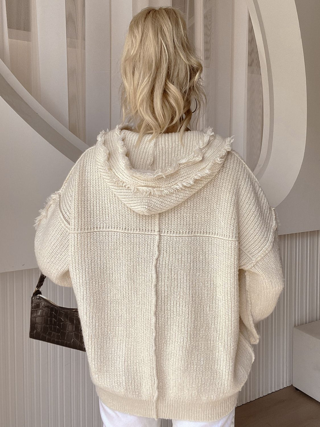 Drawstring Fringe Hem Long Sleeve Hooded Sweater 