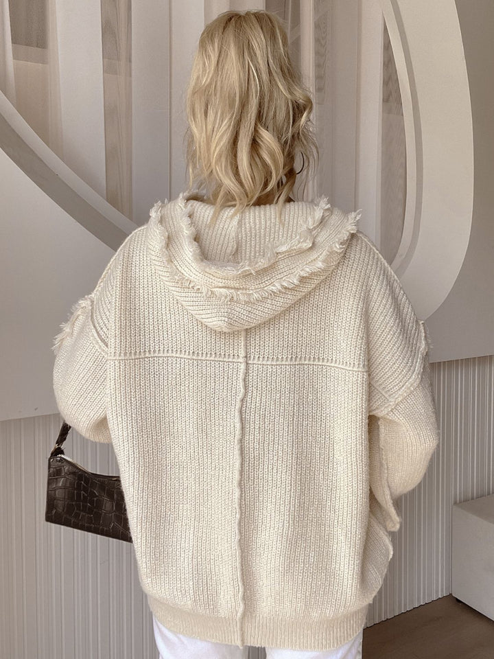 Drawstring Fringe Hem Long Sleeve Hooded Sweater 