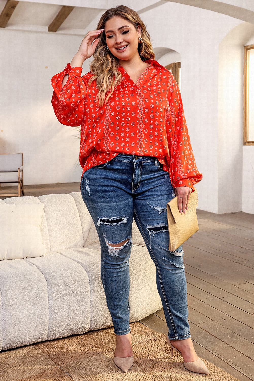 Plus Size Printed Johnny Collar Long Sleeve Blouse 
