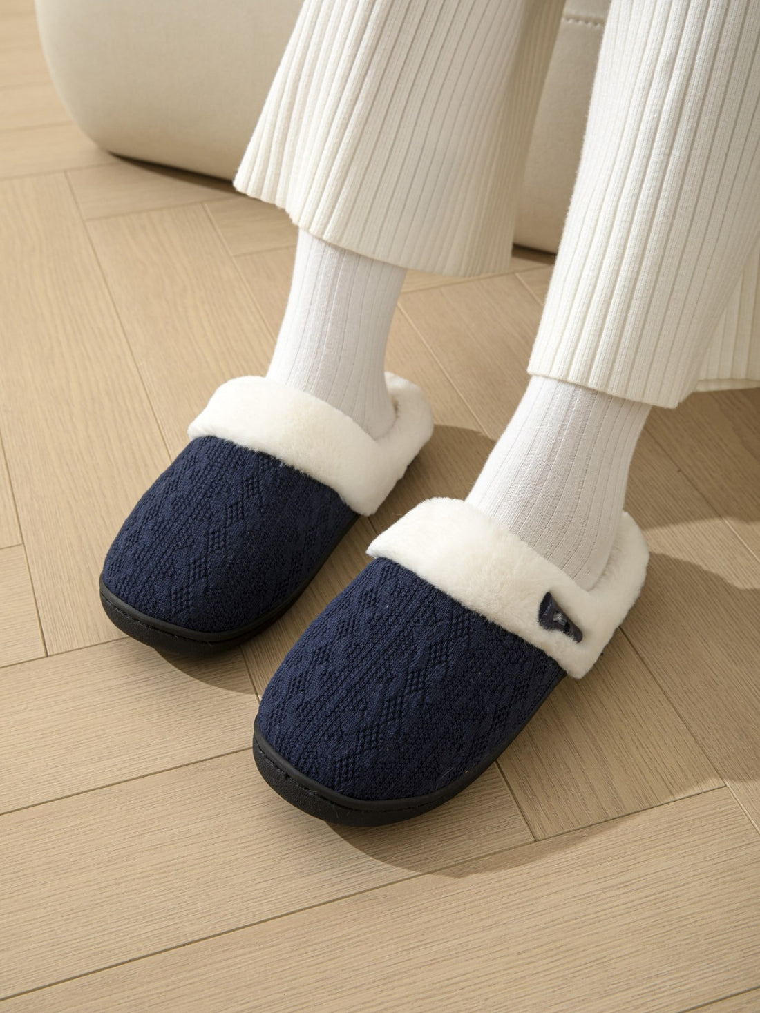 Horn Buckle Furry Texture Flat Slippers 