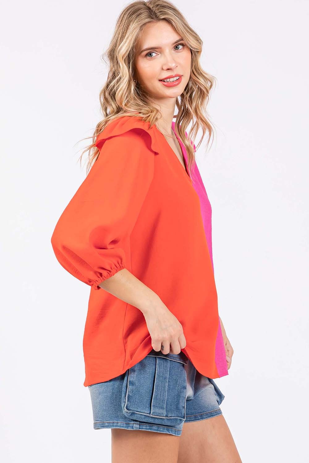 GeeGee Full Size Ruffle Trim Contrast Blouse 