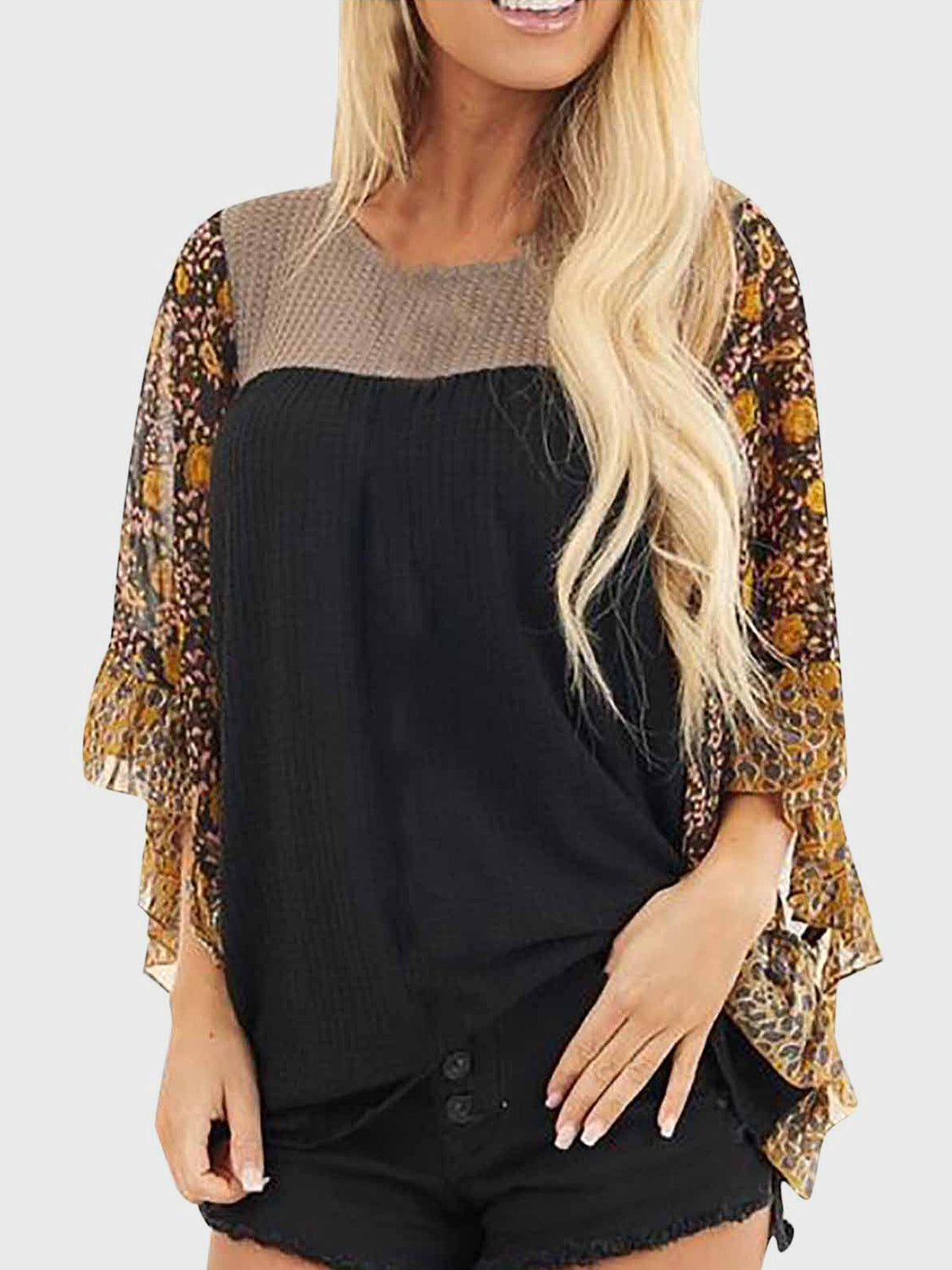 Full Size Printed Round Neck Three-Quarter Sleeve Blouse 