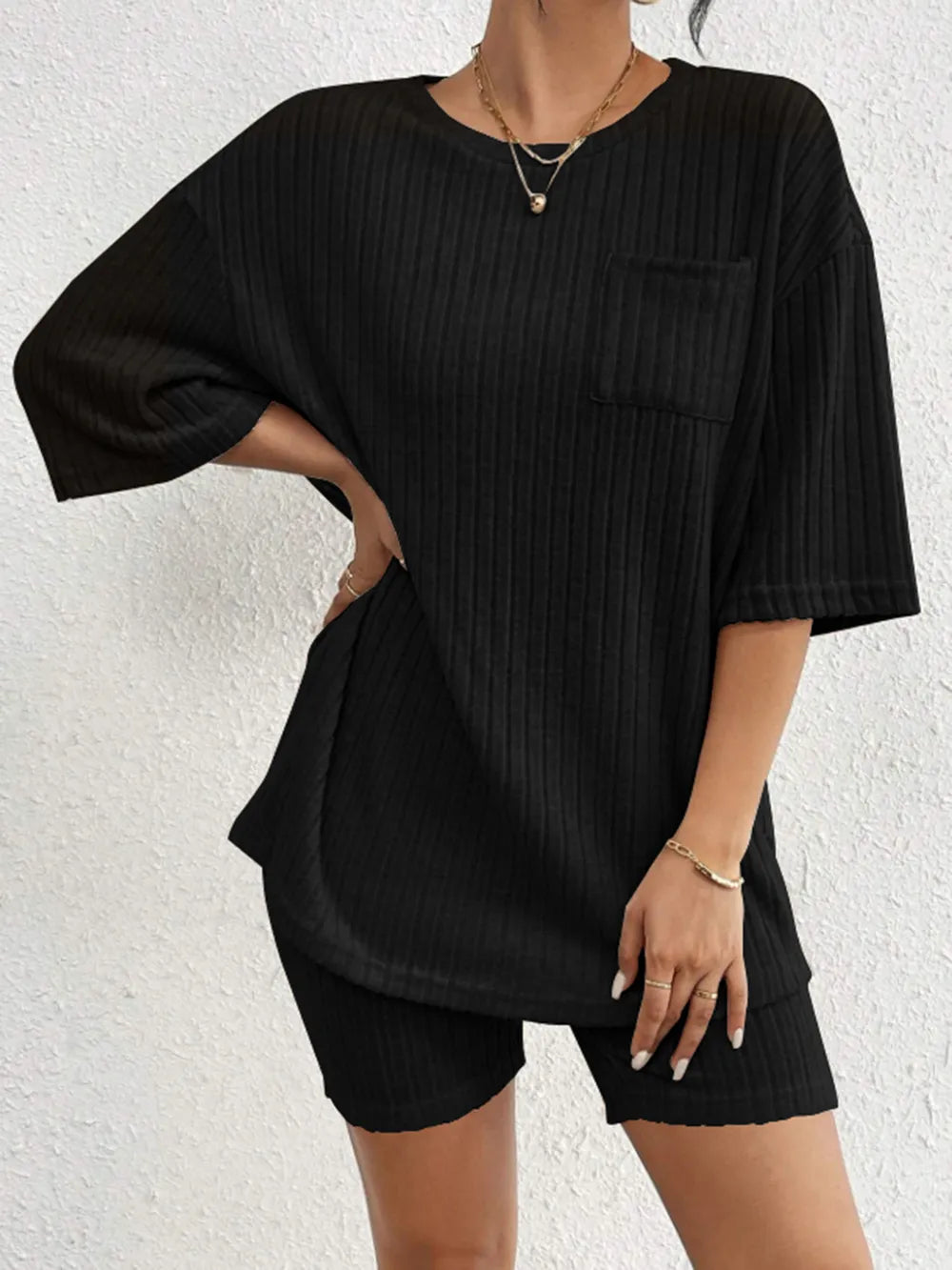 Ribbed Round Neck Top and Shorts Set Two Piece Dresses