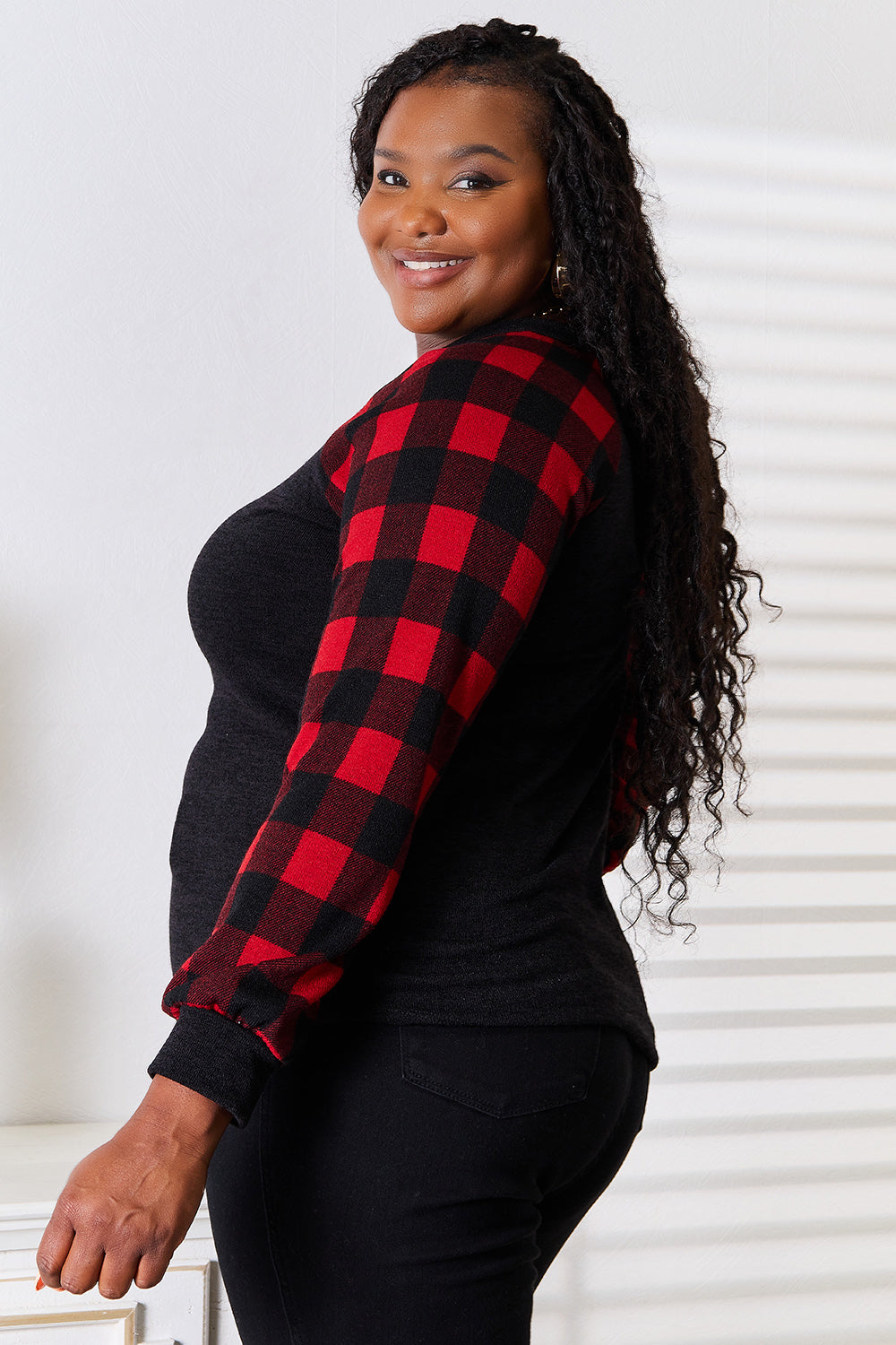 Heimish Full Size Sequin Reindeer Graphic Plaid Top 