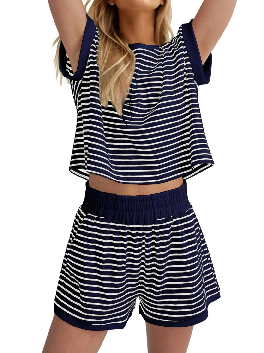 Full Size Contrast Striped T-Shirt and Shorts Set Plus Size Two Piece Dresses