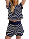 Full Size Contrast Striped T-Shirt and Shorts Set Plus Size Two Piece Dresses