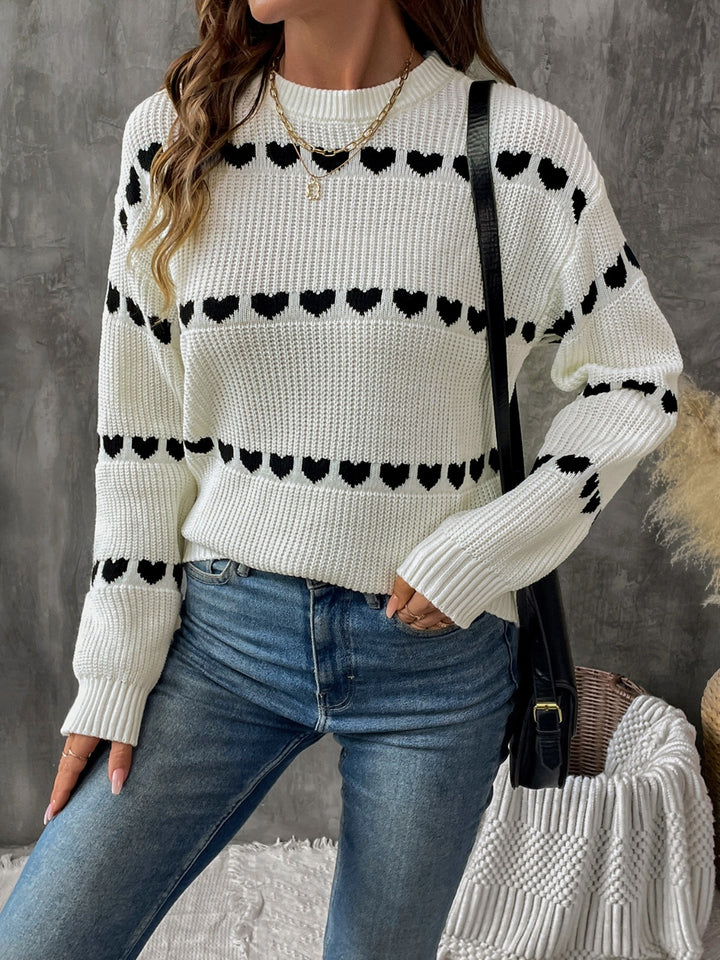 Perfee Heart Round Neck Long Sleeve Sweater 