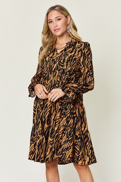 Double Take Full Size Printed Ruffle Hem Long Sleeve Dress Dresses