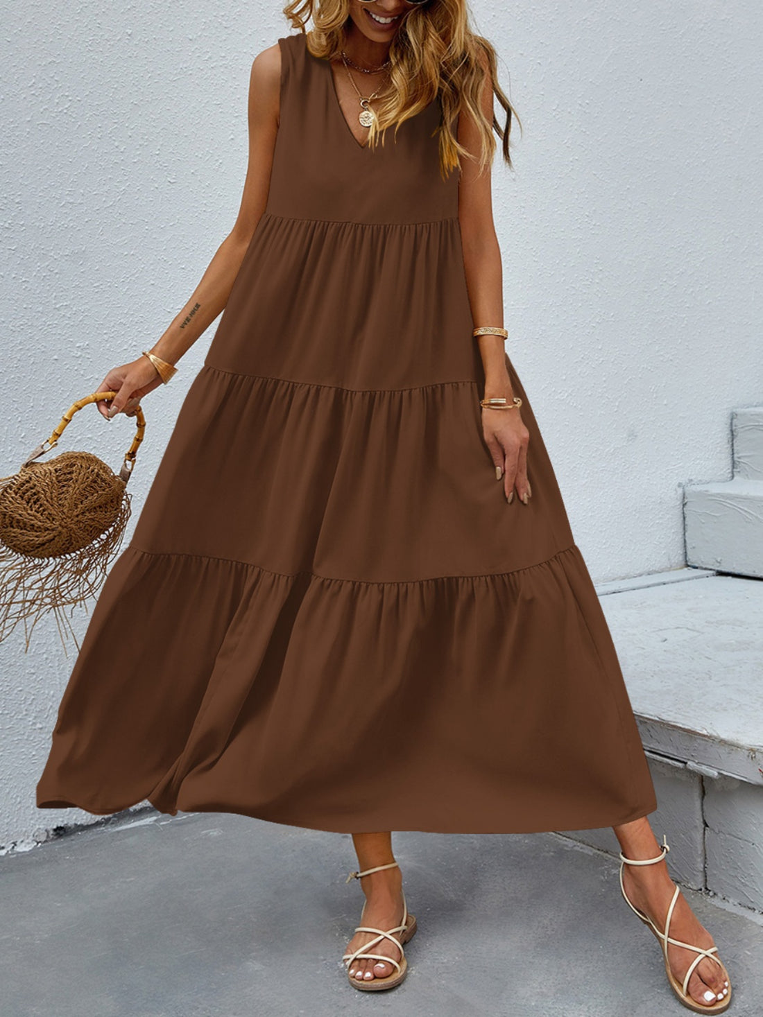 FAM-FAM Tiered V-Neck Sleeveless Dress 