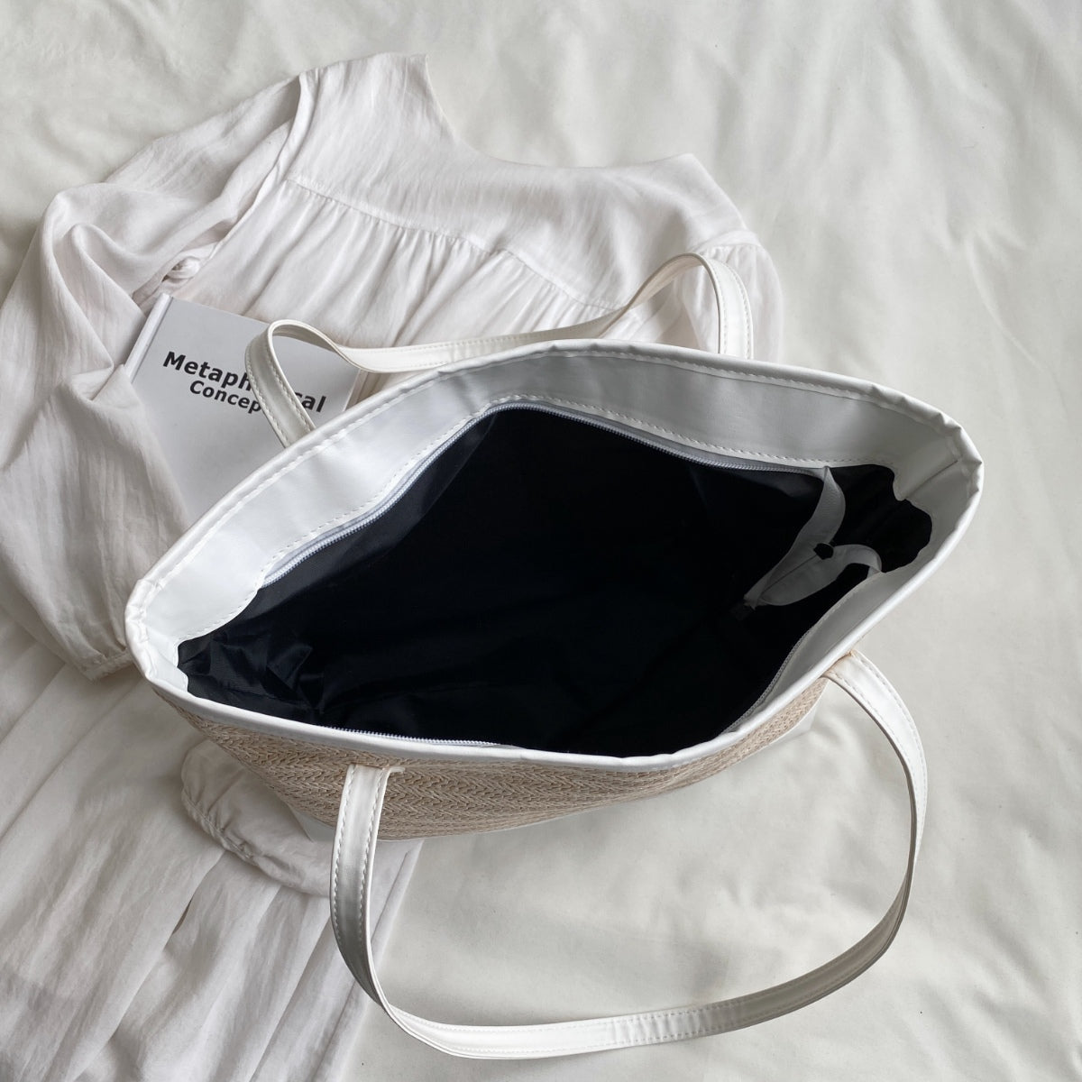 Straw Weave Leather Strap Tote Bag 