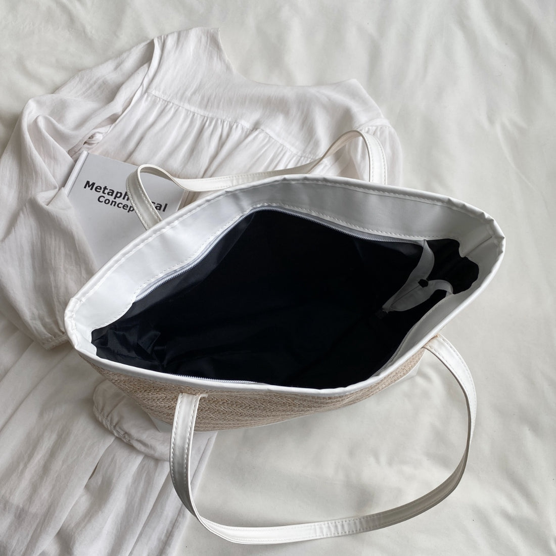 Straw Weave Leather Strap Tote Bag 