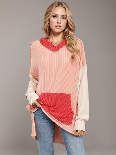 Double Take Contrast Hooded Long Sleeve Top 