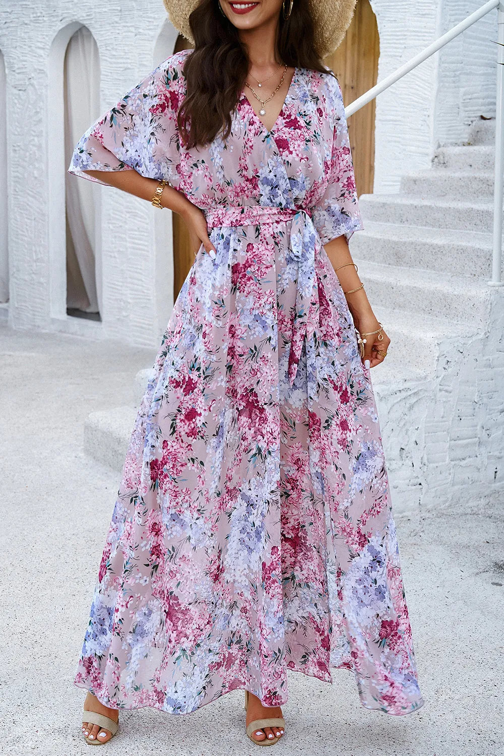 Devine Printed Tied Half Sleeve Slit Dress 