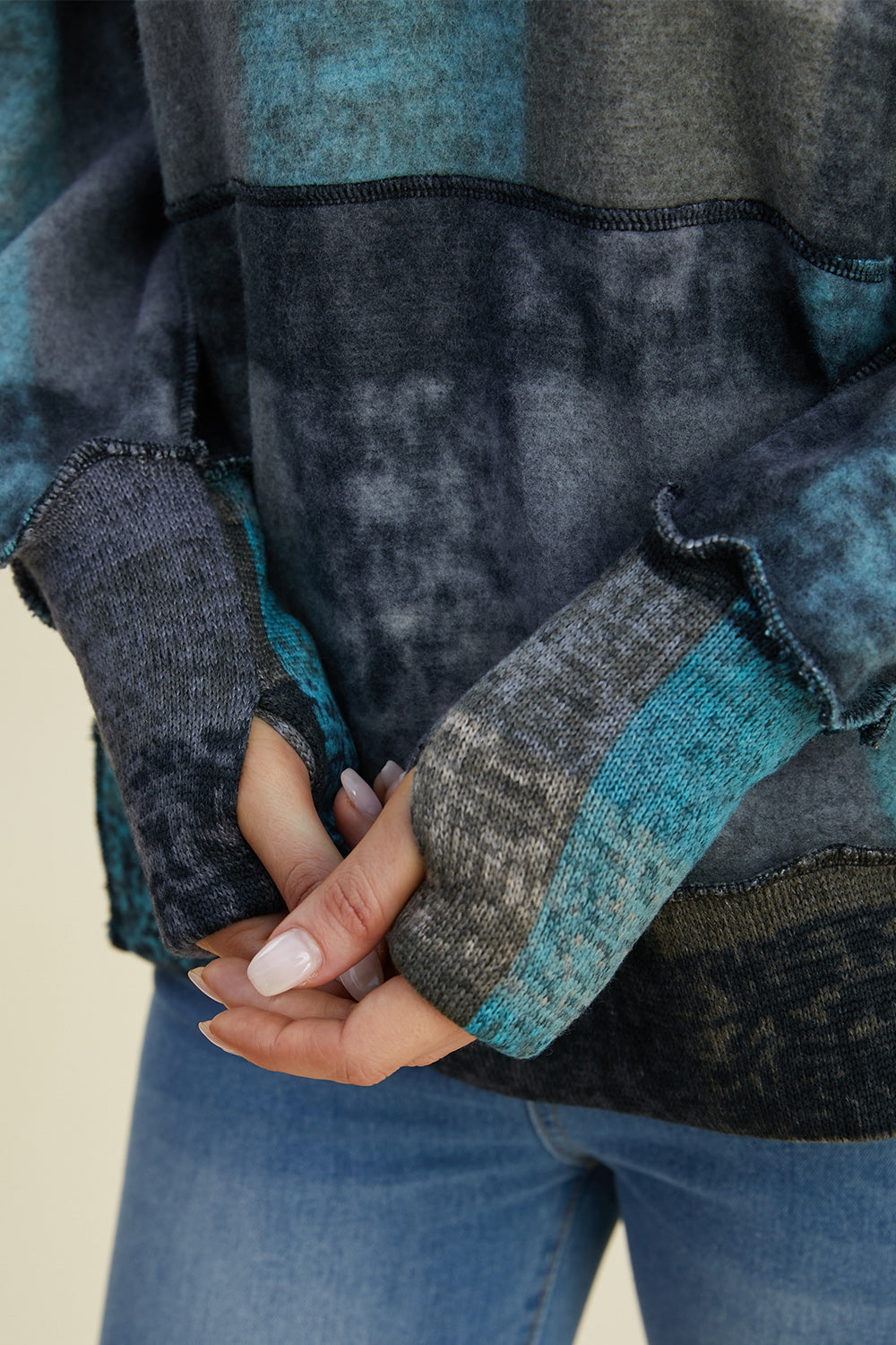 Double Take Full Size Plaid Dropped Shoulder Fleece Hoodie 