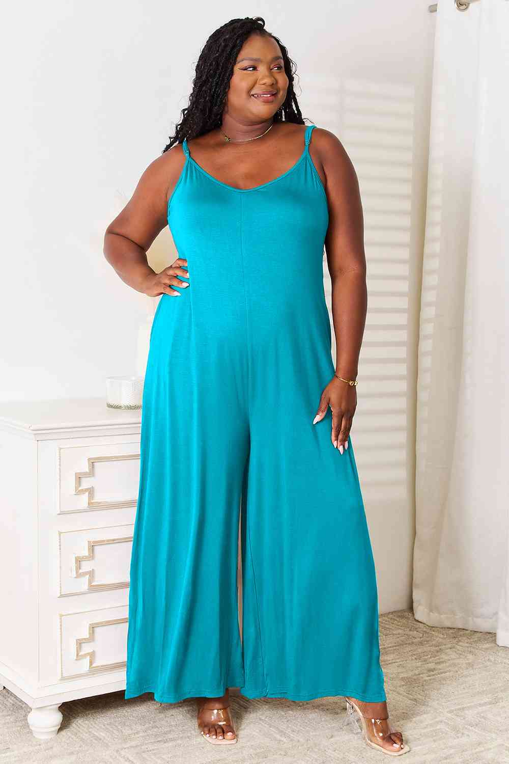 Double Take Full Size Soft Rayon Spaghetti Strap Tied Wide Leg Jumpsuit 