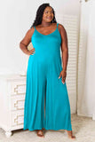Double Take Full Size Soft Rayon Spaghetti Strap Tied Wide Leg Jumpsuit 